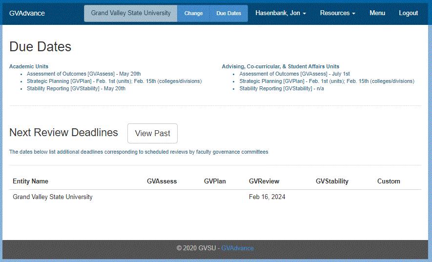 Screen clip of the Due Dates page within the GVAdvance assessment platform